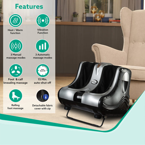Amaze Foot, Calf & Leg Massager Machine , with Vibration & Heat, 3 Massage Levels, 4 motors for Home Usage (Silver - Black)