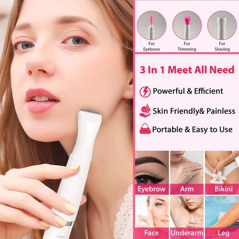 Rechargeable 3-in-1 Multi Trimmer For Women, Multipurpose Hair Remover for Women, Face, Leg, Eyebrow, Underarms, Bikini Trimmer, 90 minutes Runtime, White