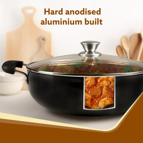 Elite Hard Anodised Kadhai With Glass Lid, 2.5L Capacity, 24 cm Diameter, Gas Oven Compatible, Riveted handle, 3mm thick plate, Cooking, Frying, Serving, Black