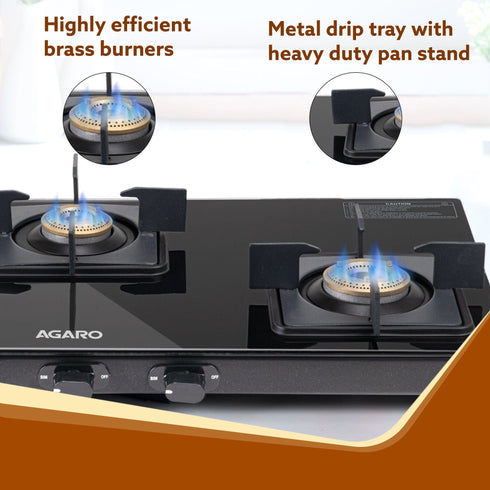 Elite 3 Burners Gas Stove, Toughened Glass Top, Brass Burners, 1 Small, 1 Medium & 1 Big Size Burner, Spill Proof Removable Drip Tray, Manual Ignition, Kitchen Use, Regular Cooking Use, Black