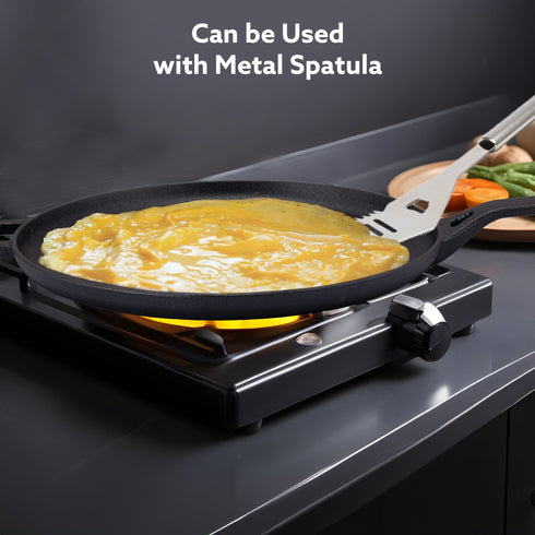 Royal Pre Seasoned Cast Iron Tawa, 28 Cm Diameter, No Chemical Coating, Long Rigid Handle, Fast Heating, Heavy Weight, Gas & Induction Oven Compatible, Roti, Omlette Maker, Black
