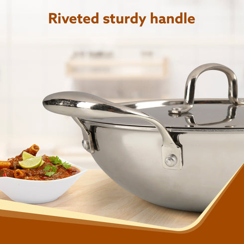 Regency Tri-Ply Steel Kadai, 2.25L Capacity, 24 cm Diameter, Stainless Steel, Riveted Handle, Food Safe, Gas Oven and Induction Oven Compatible, Cooking, Frying, Serving, Silver
