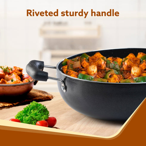 Elegant Non Stick Kadai with Glass Lid, 2.5L Capacity, 24 cm Diameter, Induction & Gas Oven Friendly, 3mm Thick, Riveted Cool Touch Handle, Granite Finish, PFOA Free, Cooking, Frying, Serving, cookware, Black
