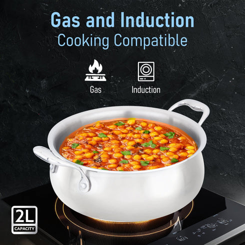 Regency Triply Stainless Steel Saucepot 2 Liter with Glass Lid, 2.5 mm Thick Body, Induction & Gas Compatible, Rivetted Handle