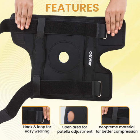 Knee Wrap Hinged With Open Patella, Rigid Biaxial Hinge, Neoprene Layer For Pain Relief, Braces Walking, Workout And Sports, XL, Black