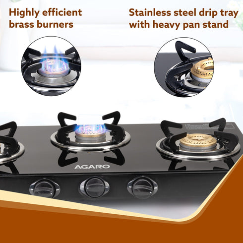 Elite 3 Burners Gas Stove, Toughened Glass Top, Round Brass Burners, 1 Small, 1 Medium & 1 Big Size Burner, Spill Proof Fixed Drip Tray, Manual Ignition, Kitchen Use, Regular Cooking Use, Black