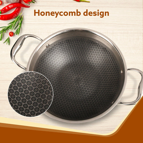 Royal Honey Comb Kadai, 2.25L Capacity, 24 cm Diameter, Gas & Induction Compatible, Tri-Ply Steel with Honey Comb Design, Riveted Handle, Food Safe & PFOA Free, Cooking, Frying, Serving, Silver