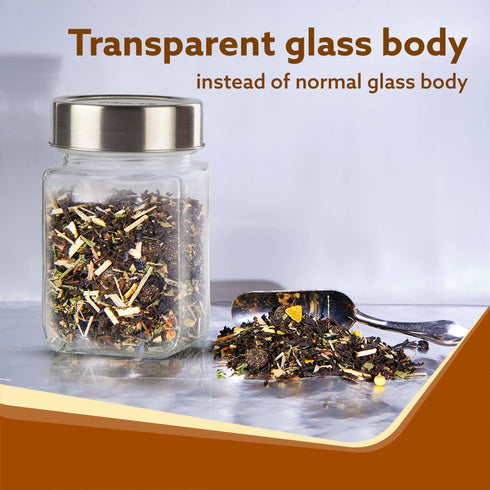 Elegant Cube Jar 310 ml, Square Shaped, Transparent Lid With Steel Finish, Storage Glass Container, Transparent, Kitchen Organiser, Multipurpose Jar, Pack of 6