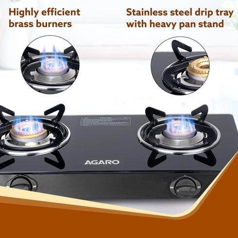 Elite 2 Burners Gas Stove, Toughened Glass Top, Round Brass Burners, 1 Small & 1 Medium Size Burner, Spill Proof Fixed Drip Tray, Manual Ignition, Kitchen Use, Regular Cooking Use, Black