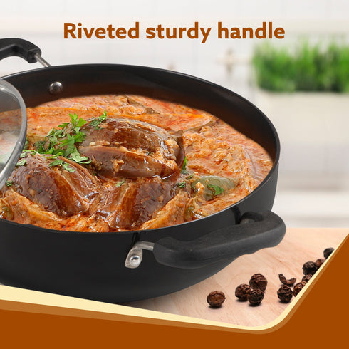 Elite Hard Anodised Kadhai With Glass Lid, 3.85L Capacity, 28 cm Diameter, Gas Oven Compatible, Riveted handle, 3mm thick plate, Cooking, Frying, Serving, Black