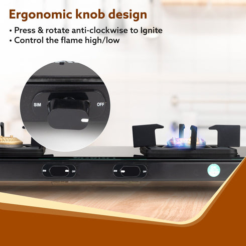 Regency 2 Burners Gas Stove, Toughened Glass Top, Brass Burners, 1 Small & 1 Medium Size Burner, Spill Proof Removable Drip Tray Manual Ignition, Kitchen Use, Regular Cooking Use, Black