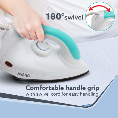 Grand Electric Dry Iron, 1000W, Non- Stick Coated Sole Plate, Fast Heating, Removes Wrinkle, Creases, Green & White