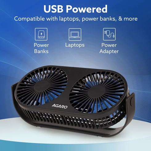 Signify USB Desk Twin Fan, Portable Dual Table Cooling Fan with 5 Blades & 3 Speed Option, USB Powered, Dual Mode, Ultra Quiet, Aromatherapy, Rotatable Table Desk Fan for Home, Office, Black