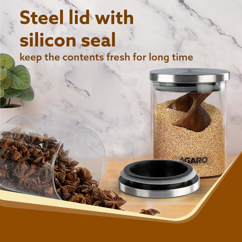 AGARO Elite Borosilicate Glass Jar 600 ml, Round Shaped, Steel Lid, Storage Glass Container, Transparent, Kitchen Organiser, Multipurpose Jar, Pack of 2
