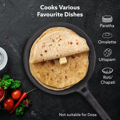 Royal Pre Seasoned Cast Iron Tawa, 26 CM Diameter, No Chemical Coating, Long Rigid Handle, Fast Heating, Heavy Weight, Gas Oven Compatible, Roti, Chapathi, Paratha, Omlette Maker,Black