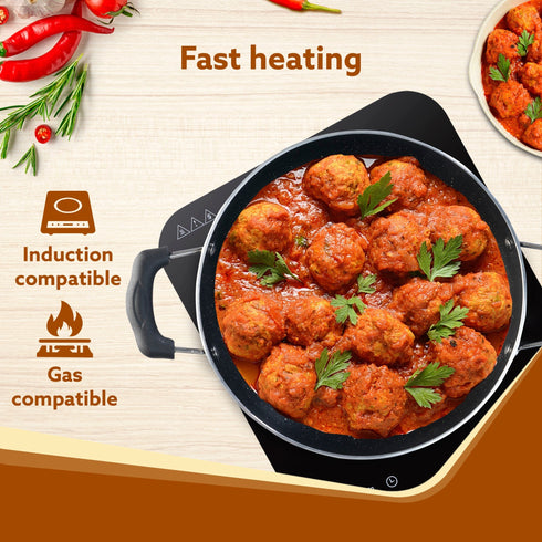 Elegant Non Stick Kadai with Glass Lid, 2.5L Capacity, 24 cm Diameter, Induction & Gas Oven Friendly, 3mm Thick, Riveted Cool Touch Handle, Granite Finish, PFOA Free, Cooking, Frying, Serving, cookware, Black