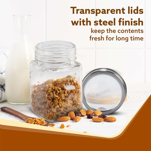 Elegant Cube Jar 310 ml, Square Shaped, Transparent Lid With Steel Finish, Storage Glass Container, Transparent, Kitchen Organiser, Multipurpose Jar, Pack of 6