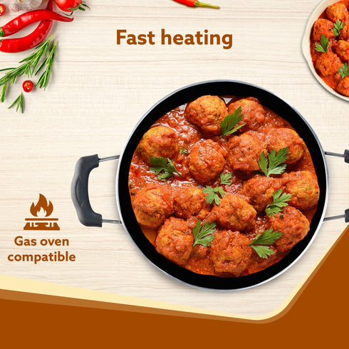 Elite Hard Anodised Kadhai With Glass Lid, 2.5L Capacity, 24 cm Diameter, Gas Oven Compatible, Riveted handle, 3mm thick plate, Cooking, Frying, Serving, Black