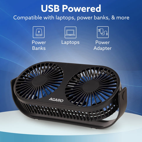 Signify USB Desk Twin Fan, Portable Dual Table Cooling Fan with 5 Blades & 3 Speed Option, USB Powered, Dual Mode, Ultra Quiet, Aromatherapy, Rotatable Table Desk Fan for Home, Office, Black