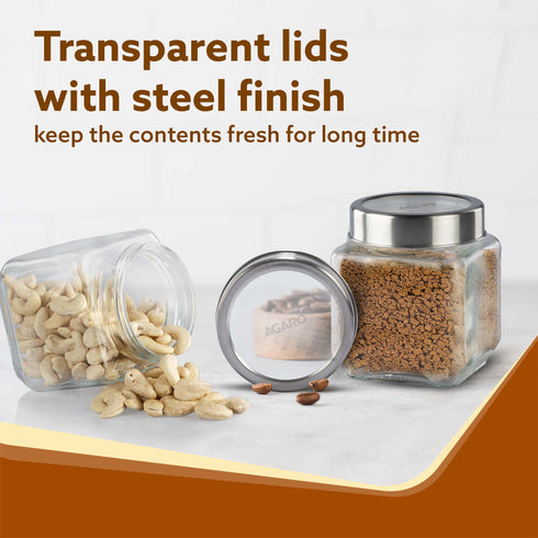 Elegant Cube Jar 580 ml, Square Shaped, Transparent Lid With Steel Finish, Storage Glass Container, Transparent, Kitchen Organiser, Multipurpose Jar, Pack of 2