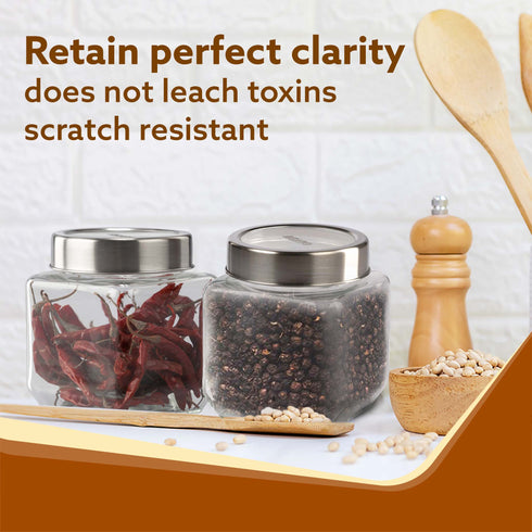 Elegant Cube Jar 580 ml, Square Shaped, Transparent Lid With Steel Finish, Storage Glass Container, Transparent, Kitchen Organiser, Multipurpose Jar, Pack of 2