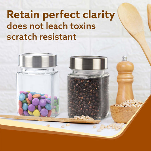 Elegant Cube Jar 310 ml, Square Shaped, Transparent Lid With Steel Finish, Storage Glass Container, Transparent, Kitchen Organiser, Multipurpose Jar, Pack of 6