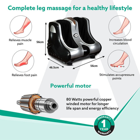 Amaze Foot, Calf & Leg Massager Machine , with Vibration & Heat, 3 Massage Levels, 4 motors for Home Usage (Silver - Black)