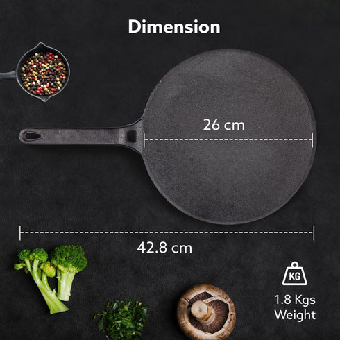 Royal Pre Seasoned Cast Iron Tawa, 26 CM Diameter, No Chemical Coating, Long Rigid Handle, Fast Heating, Heavy Weight, Gas Oven Compatible, Roti, Chapathi, Paratha, Omlette Maker,Black