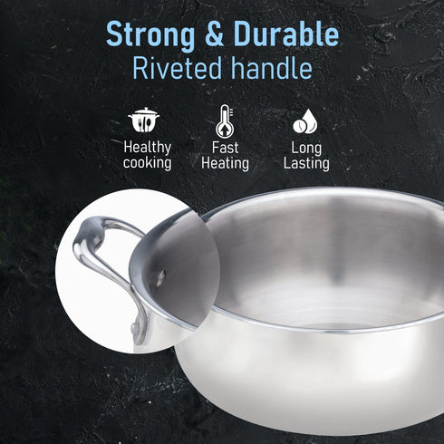 Regency Triply Stainless Steel Saucepot 2 Liter with Glass Lid, 2.5 mm Thick Body, Induction & Gas Compatible, Rivetted Handle