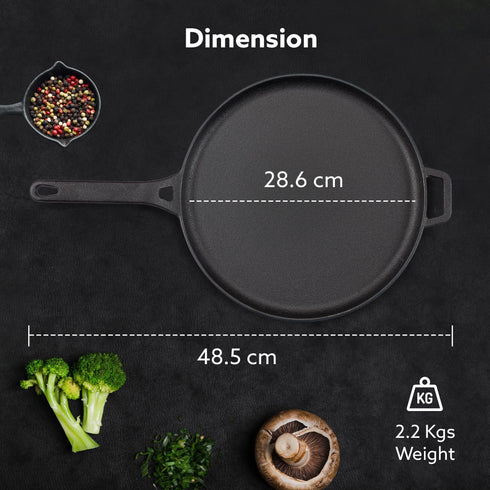Royal Pre Seasoned Cast Iron Tawa, 28 Cm Diameter, No Chemical Coating, Long Rigid Handle, Fast Heating, Heavy Weight, Gas & Induction Oven Compatible, Roti, Omlette Maker, Black