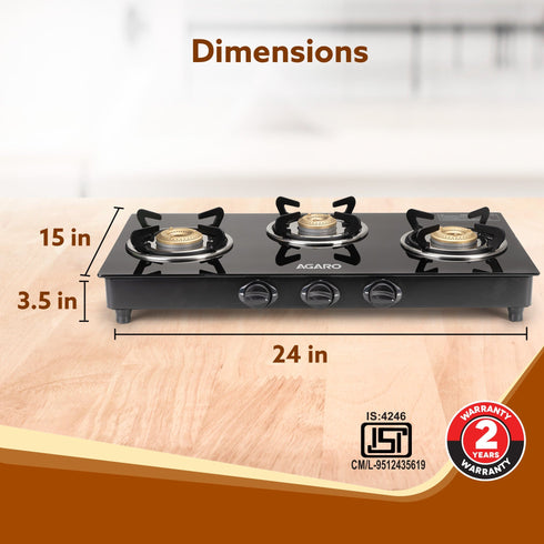 Elite 3 Burners Gas Stove, Toughened Glass Top, Round Brass Burners, 1 Small, 1 Medium & 1 Big Size Burner, Spill Proof Fixed Drip Tray, Manual Ignition, Kitchen Use, Regular Cooking Use, Black