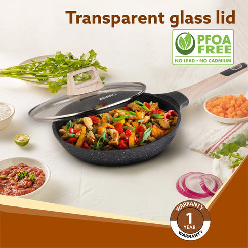 Imperial Granite Non Stick Fry pan with Glass Lid, 1.6L / 24cm, Cast Aluminium Body, Omelette Egg Pan, Fish Fry Pan, Gas & Induction Compatible, Dark Grey