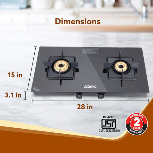Regency 2 Burners Gas Stove, Toughened Glass Top, Brass Burners, 1 Small & 1 Medium Size Burner, Spill Proof Removable Drip Tray Manual Ignition, Kitchen Use, Regular Cooking Use, Black