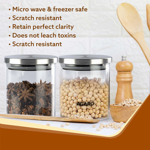 AGARO Elite Borosilicate Glass Jar 600 ml, Round Shaped, Steel Lid, Storage Glass Container, Transparent, Kitchen Organiser, Multipurpose Jar, Pack of 2