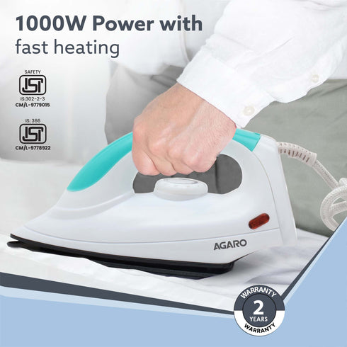 Grand Electric Dry Iron, 1000W, Non- Stick Coated Sole Plate, Fast Heating, Removes Wrinkle, Creases, Green & White