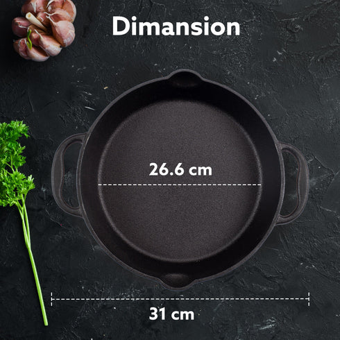 Royal Pre Seasoned Cast Iron Deep Fry Pan,25 cm Diameter,1.8L Capacity,No Chemical Coating,Rigid Handles,Fast Heating,Heavy Weight,Gas Oven & Induction Compatible,Frying,Deep Frying,Black