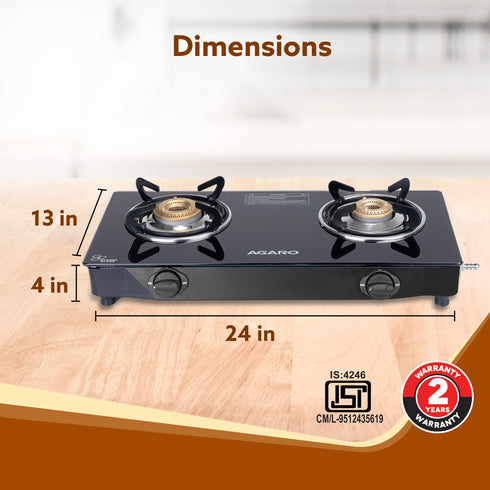 Elite 2 Burners Gas Stove, Toughened Glass Top, Round Brass Burners, 1 Small & 1 Medium Size Burner, Spill Proof Fixed Drip Tray, Manual Ignition, Kitchen Use, Regular Cooking Use, Black