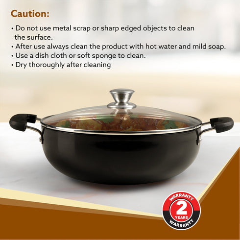 Elite Hard Anodised Kadhai With Glass Lid, 2.5L Capacity, 24 cm Diameter, Gas Oven Compatible, Riveted handle, 3mm thick plate, Cooking, Frying, Serving, Black
