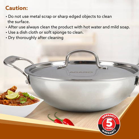 Regency Tri-Ply Steel Kadai, 2.25L Capacity, 24 cm Diameter, Stainless Steel, Riveted Handle, Food Safe, Gas Oven and Induction Oven Compatible, Cooking, Frying, Serving, Silver