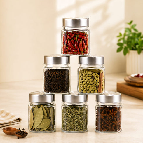 Elegant Cube Jar 310 ml, Square Shaped, Transparent Lid With Steel Finish, Storage Glass Container, Transparent, Kitchen Organiser, Multipurpose Jar, Pack of 6