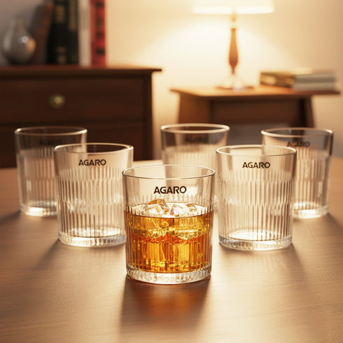 Elegant Whiskey Glass, Set of 6, 325ML, Vertical Stripe Cut Design, Crystal Clear Tumbler Set, Home, Bar Drinking Glass Set for Scotch, Whisky, Bourbon, Liquor, Wine, Cocktail Drinks, Gifting