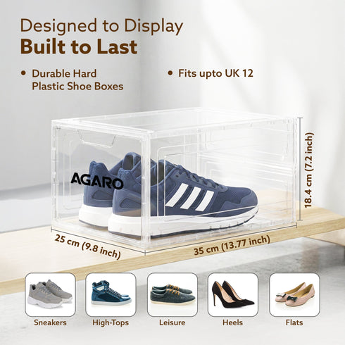 Stackable Shoe Storage Box Organizer | Heavy Duty, Transparent, Plastic Sneaker Crates Container with Magnetic Door |Space Saving|Organizer for Men & Women| Fits up to Size UK 12