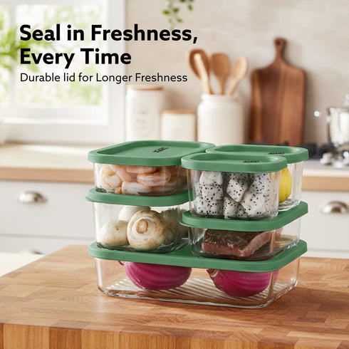 Elite Borosilicate Glass Container 6 Pcs Set, Fridge Stackable Storage Organizer, 310ml x2, 520ml x2, 750ml, 1200ml, Microwave Safe, BPA Free Kitchen Boxes, Store Cooked Food, Fruits, Snacks