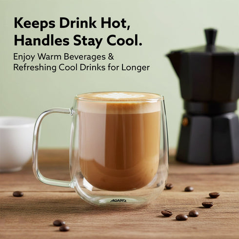 Elite Double Wall Glass Cups, 260 Ml, Insulated Tea & Coffee Cups, Hot & Cold Drinks, Coffee, Tea, Milk, Cappuccino, Juice, Microwave Safe, Stylish Espresso Chocolate Beverage, Pack of 2