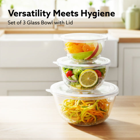 Elite Glass Bowl With Lid, 3 pcs Set - 500, 800,1600 ml