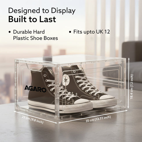 Stackable Shoe Storage Box Organizer | Heavy Duty, Transparent, Plastic Sneaker Crates Container with Magnetic Door |Space Saving|Organizer for Men & Women| Fits up to Size UK 12