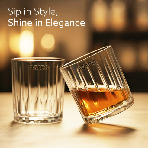 Elegant Whiskey Glass, Set of 6, 325ML, Vertical Stripe Cut Design, Crystal Clear Tumbler Set, Home, Bar Drinking Glass Set for Scotch, Whisky, Bourbon, Liquor, Wine, Cocktail Drinks, Gifting
