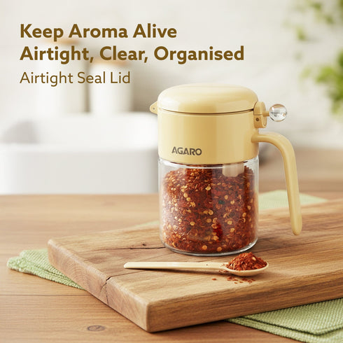 Elegant Spice Jar 400ml, Airtight Glass Masala Brown Container with Secure Lid & Spoon, Versatile Seasoning & Storage Bottle for Kitchen, Leak Proof, For Spices, Herbs, Sugar & More