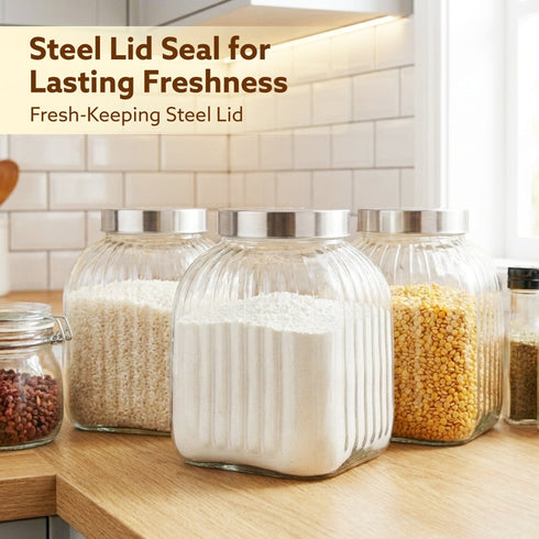 Elegant Glass Jar 3500 ml, Round Shaped, Steel Lid, Storage Glass Container, Transparent, Kitchen Organiser, Multipurpose Jar