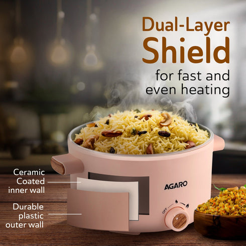 Primo Multi Function Pot 2L, Double Layered Body, Ceramic Coated Inner Pot, Variable Temperature Settings, Wide Mouth, Transparent Lid, Cooking, Boiling, Steaming, Egg, Vegetable